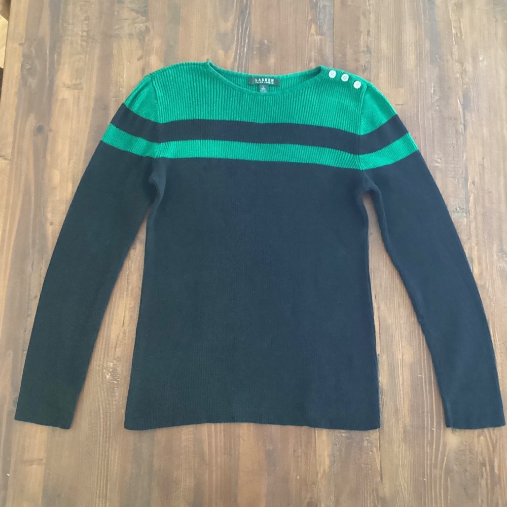 Lauren Ralph Lauren Ribbed Colorblock Top Women’s L Green Black Pullover